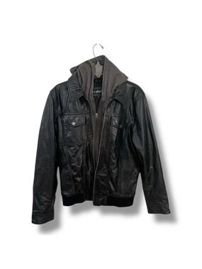 Black Rivet Men’s Leather Bomber Jacket Medium Hooded Moto Quilted Lined
